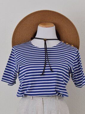 Vintage 90s Blue and White Striped Tee by Liz Claiborne | size S